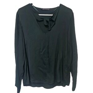 Zara Shirt Women Med Dark Green V Neck Tie Front Long Sleeve Blouse Semi Sheer